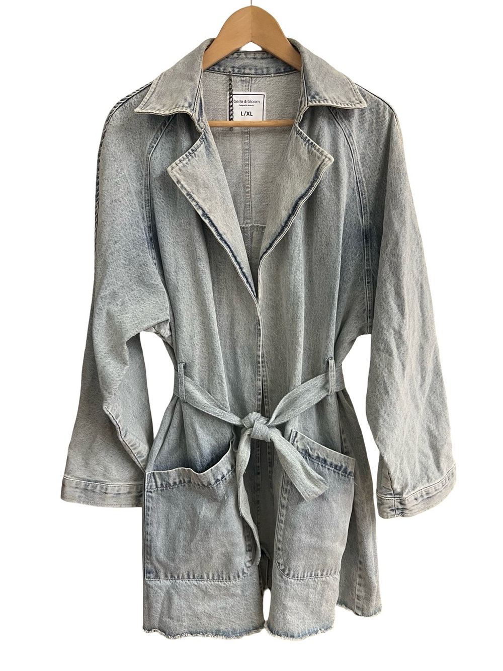 BELLE & BLOOM $230 Relaxed Boyfriend Belted Trench Denim Blue Jacket L/ XL